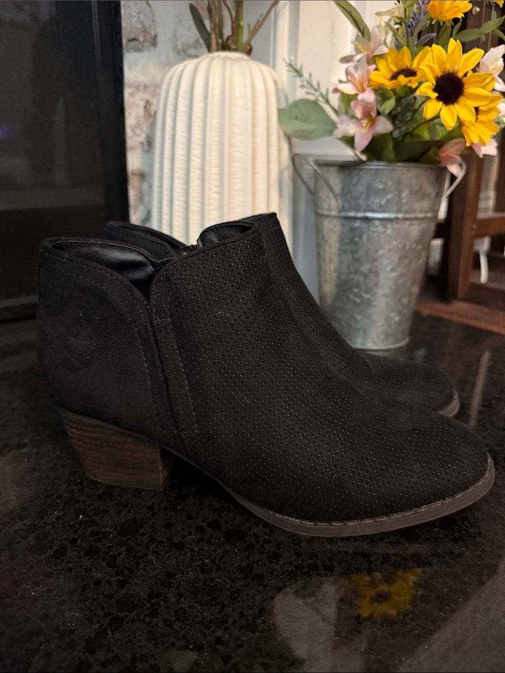 Life Stride Black Suede Ankle Booties with Low Stacked Heel